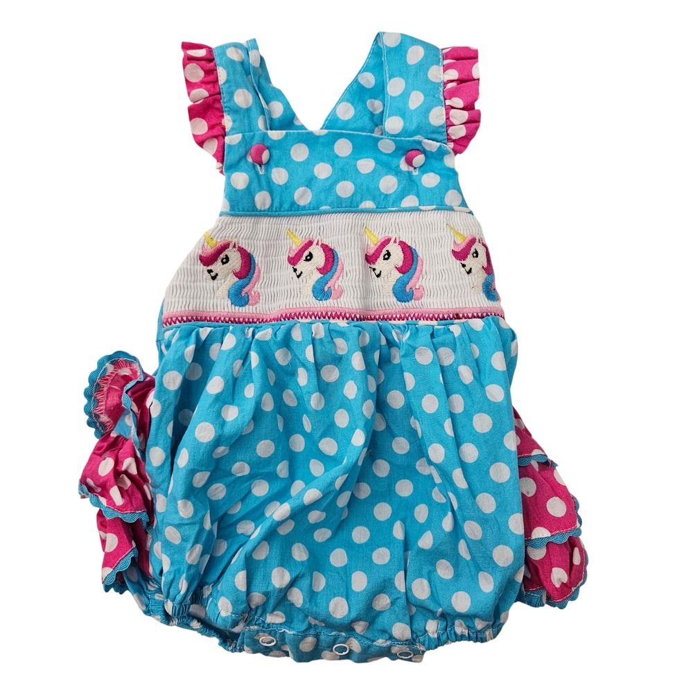 Lil Cactus Romper Girls 3-6M Blue Polka Dot Unicorn Smocked Ruffle Butt Sunsuit